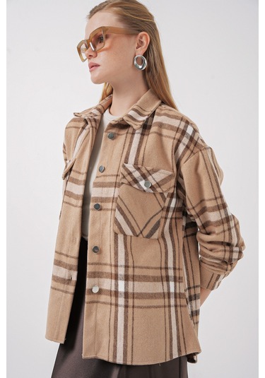 Bigdart 3854 Ekose Desen Çift Cepli Gömlek - Bisküvi