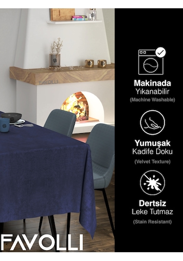 Kadife Dokulu Lacivert Renk Masa Örtüsü Lacivert
