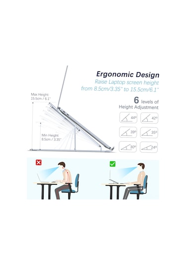Xindoker Alüminyum Ergonomik Dizüstü Bilgisayar Standı - 8-17.3 İnç Uyumlu, 6 Seviye Yükseklik Ayarlı, Soğutucu Tasarım, Taşınabilir Ve Sağlam