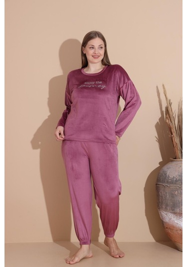Boyraz Kadın Kışlık Fransız Kadife Büyük Beden Bisiklet Yaka Uzun Kol Pijama Takımı 03147 - 1 Adet Gülkurusu
