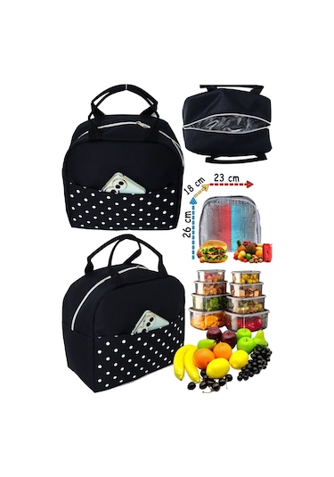 Anne Bebek Çocuk İçin Isı Yalıtımlı Termal Termoslu Yemek, Mama, Beslenme, Gıda Çantası Siyah Puantiye