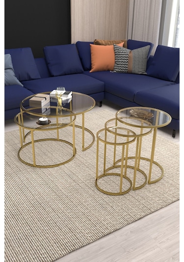 Belarus Orta Sehpa Gold 60cm & Alya Gold Zigon Sehpa Şeffaf Cam