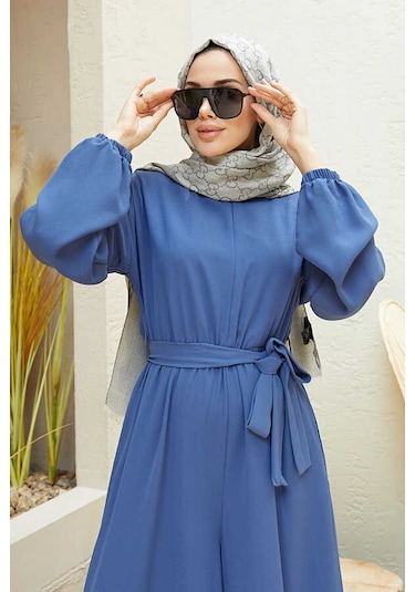 6569-Krep Tulum Elbise İndigo