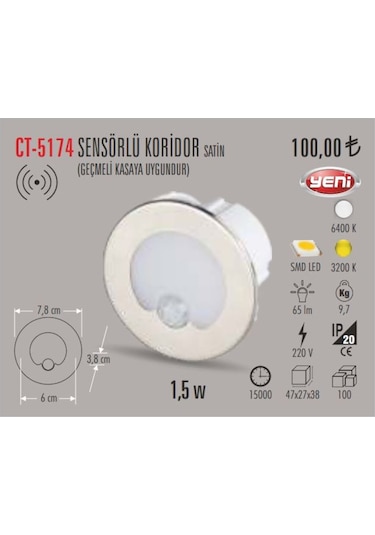 Cata Ct-5174 1,5W Sensörlü Spot Koridor Aydınlatma Armatür(472531716)