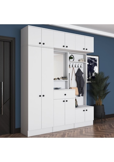 Rani Ea104 Portmanto Çekmeceli Aynalı Raflı Vestiyer Beyaz