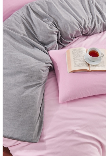 Çift Taraflı Çarşafı Lastikli Çift Kişilik Nevresim Takımı Pembe Gri