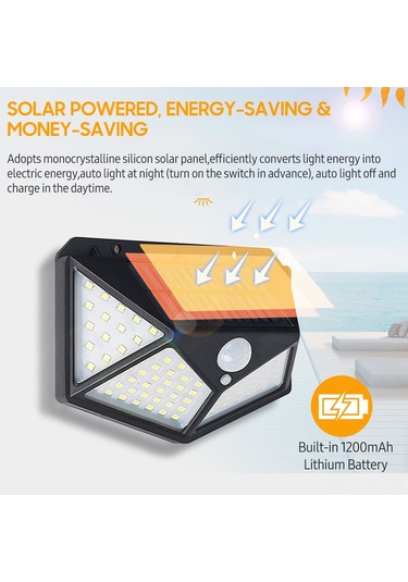 Vkemall Led Güneş Enerjili Duvar Lambası, Hareket Sensörlü, 100 Led, Ip44 Su Geçirmez, Bahçe/ev Terası Için, Siyah, Tekli Paket Dahili Li-pil