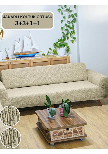 Upmall Jakarlı Koltuk Kanepe Kılıfı Çekyat Örtüsü 3+3+1+1 Kahve