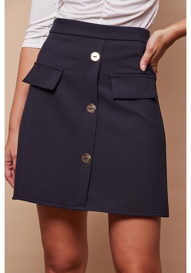 Kadın Diz Üstü Yüksek Bel Önü Düğmeli Cep Kapaklı Hafif Likralı Kumaş Çan Etek-lacivert Lacivert