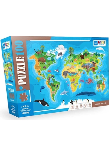 Blue Focus Animal World Map Hayvan Dünya Haritası 100 Parça Puzzle Bf316