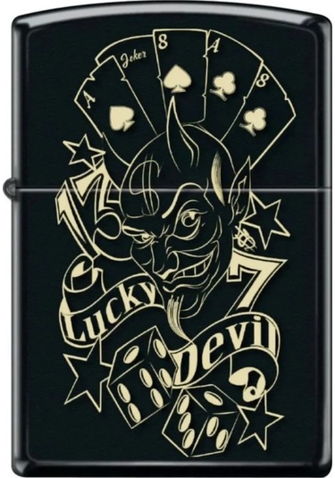 Oyun Kart Şans Devil Good Luck Şeytan Benzinli Çakmak Siyah Metal Üstüne Silinmez Yazı Resimli Siyah