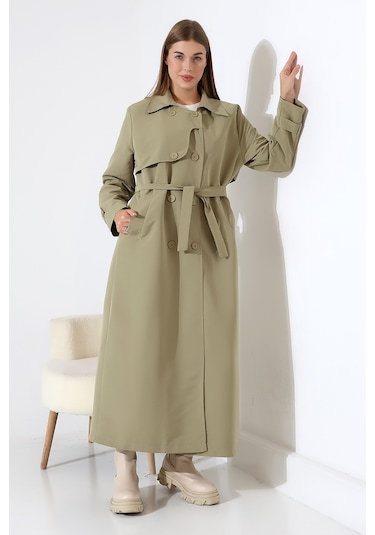 Amazon Keten Kumaş Uzun Boy Düğmeli Astarlı Yumuşak Dokulu Trenç Kot Mint Yeşil Mint Yeşili