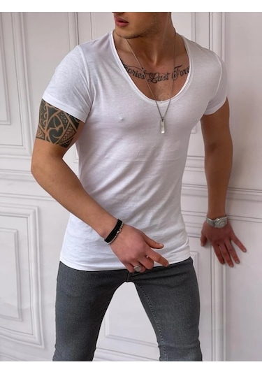Modefendi Slim Fit Derin Açık Yaka Pamuklu Tshırt Beyaz