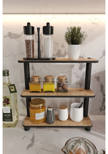 Dekoratif 3 Katlı Tezgah Üstü Raf 11 Cm X 40 Cm Safir Meşe Kahverengi