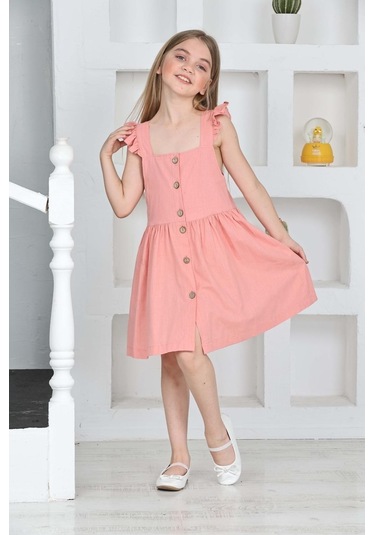 Kız Çocuk %100 Pamuk Keten Elbise 12197 Pudra