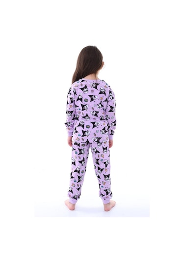 Kız Çocuk Kedi Desenli Uzun Kollu Pijama Takımı-904 Mor