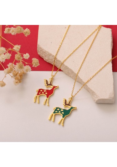 925 Ayar Gümüş Mineli Yılbaşı Geyik Figürü Kolye Gold