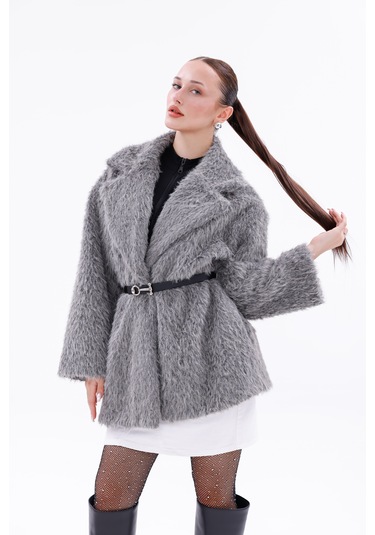 Kemer Detaylı-astarlı-düğmeli Kadın Kaban Gri