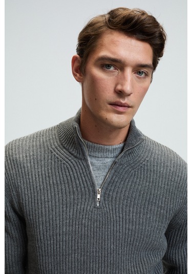 BERNARDO Erkek Yarım Fermuarlı Dik Yaka Triko Antrasit Kazak