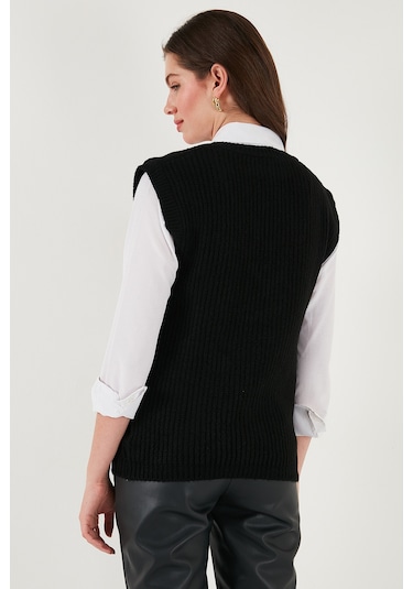 Lela V Yaka Örme Triko Bayan Süveter 4616105Y Siyah