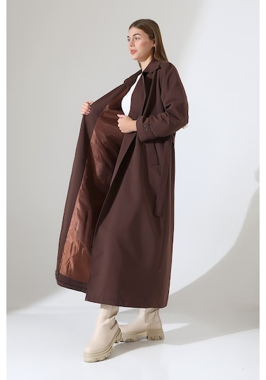 Amazon Keten Kumaş Uzun Boy Düğmeli Astarlı Yumuşak Dokulu Trenç Kot Koyu Kahve Koyu Kahverengi