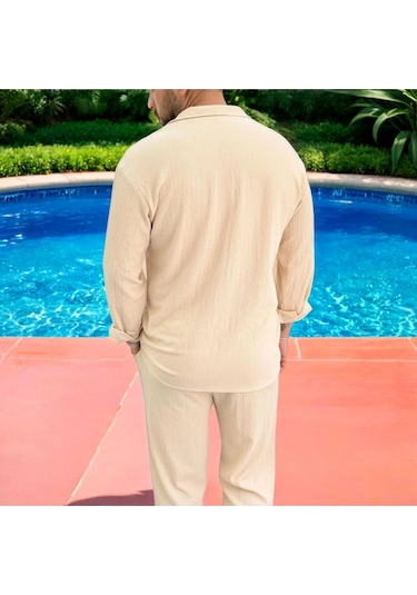 Erkek Bürümcük Krinkıl Kumaş Yazlık Likralı Apaj Yakalı Gömlek Ve Eşofman Takım Kombini Bej