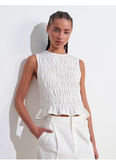 Dilvin 50845 Kolsuz Crop Bluz-ekru Ekru