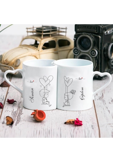 Sevgililer Günü Hediyelik İkili Kalp Kulplu Kupa Bardak Sevgiliye