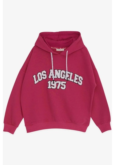 Kız Çocuk Kapüşonlu Los Angeles Yazılı Sweatshirt-14364 Fuşya