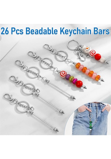 Gatherco 26 Adet Boncuklu Anahtarlık Çubuğu, Boncuklu Anahtarlık, Kolye Yapımı İçin Boncuklu Anahtarlık, Anahtarlık Yapımı İçin Boş Anahtarlık Aksesuarları