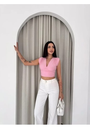 Defymoda Vatkalı Kolsuz V Yaka Drapeli Crop Bluz Likralı Fit - Pembe