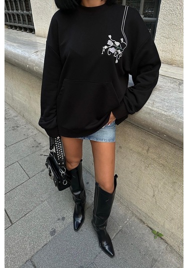 Kadın Siyah Dokuma Oversize Uzun Kollu Sweatshirt Siyah
