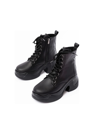 Siyah Yüksek Tabanlı Bağcıklı Fermuarlı Günlük Kadın Bot Siyah