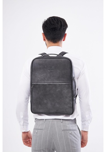Derinss Dub3050 Hakiki Deri Gri Gölge Organizerli Laptop Sırt Çantası 001