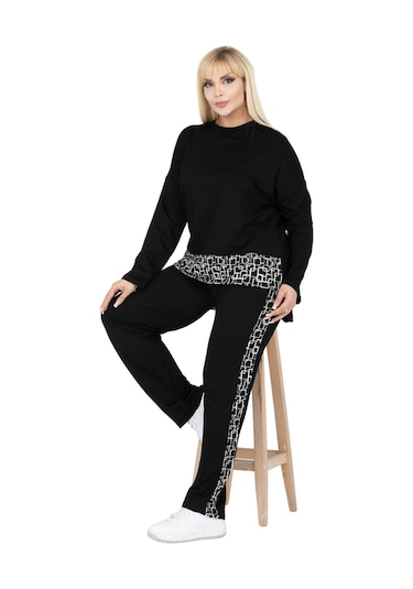 Melsay Butik Siyah Kare Şeritli Büyük Beden Kadın Eşofman Takımı Siyah