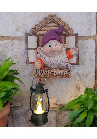 1 Adet Dekoratif Duvar Ve Bahçe Süsü Fenerli Sevimli Cüce Mor