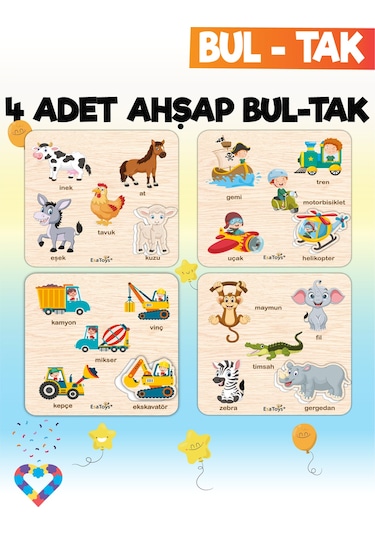 Eğitici 4 Adet Bul-tak Oyuncak Hayvanlar, Taşıtlar, İş Makineleri Ve Orman Hayvanları