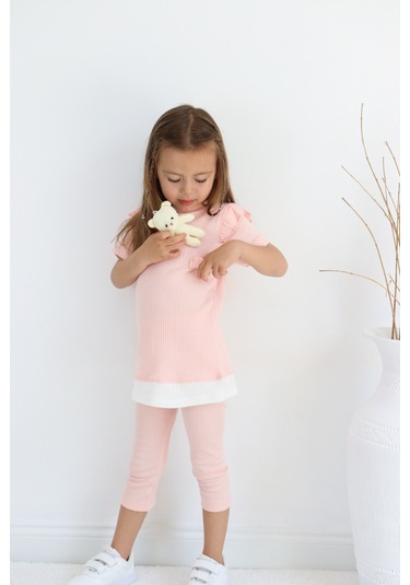 Kız Çocuk Ayıcık Oyuncaklı Kaprili Yazlık Basic Takım 2-5 Yaş Somon