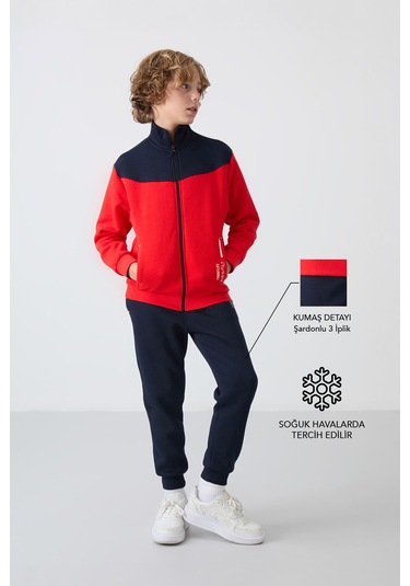 Tommy Life Fiesta-lacivert Pamuklu Kalın İçi Tüylü Yumuşak Dokulu Standart Fit Nakışlı Erkek Çocuk Eşofman Tak Kırmızı - Lacivert