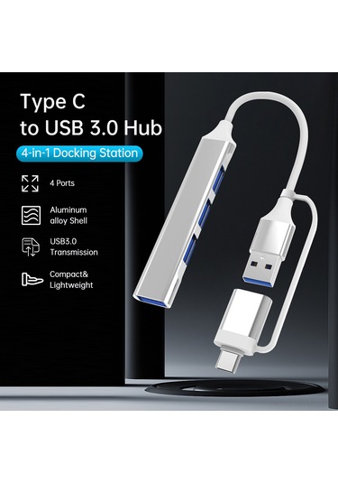 Mufunye Alüminyum Gövde 4 Portlu Usb 3.0 Çevirici - Usb Ve Type-c İki Fonksiyonlu Hub Gümüş