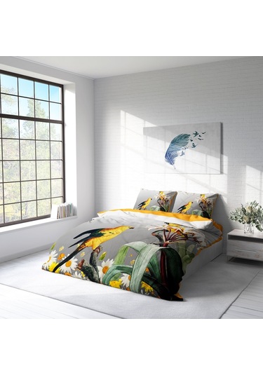 Monohome Yellow Parrot 3D Pamuk Saten Çift Kişilik Nevresim Takım Sarı