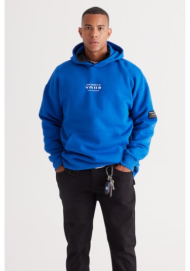 AC&Co / Altınyıldız Classics Erkek Mavı Oversize Fit Bol Kesim Kapüşonlu İçi Polarlı Pamuklu Sweatshirt Mavi