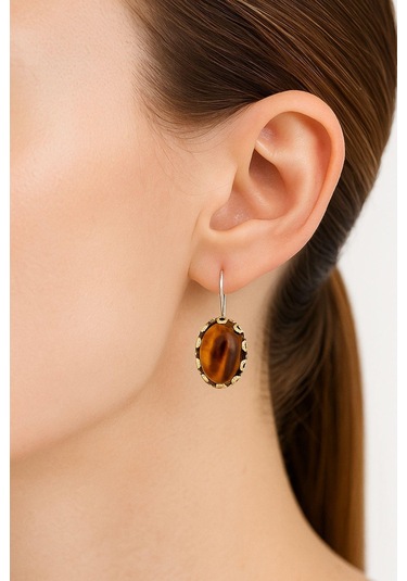 Lale Serisi El İşi Kahverengi Kaplangözü Taşlı Gümüş Kadın Küpe Gümüş