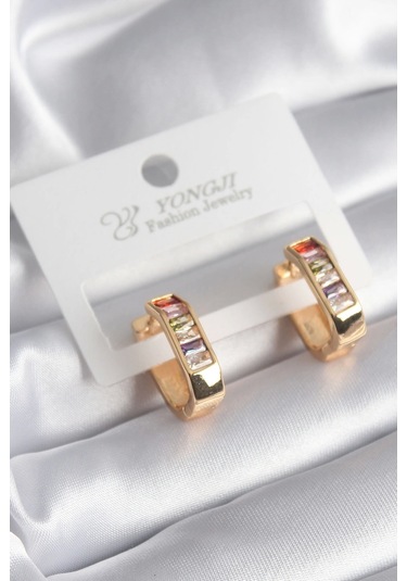 Pirinç Gold Renk Renkli Zirkon Taşlı Kadın Küpe Çok Renkli