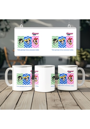 Powerpuff Girls Tatlı Görünüp Fırtına Çıkaranlar Kulübü Yazılı Kupa Bardak - Renkli Kız Arkadaş Grup Beyaz