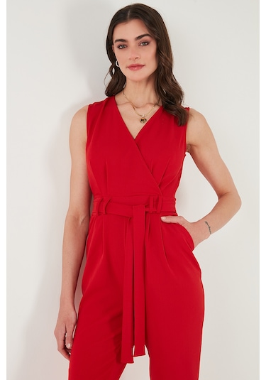 Lela Slim Fit Düz Paça Kruvaze Yaka Kemerli Bayan Tulum 6783626 Kırmızı