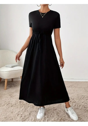 Kadın Kısa Kollu Bisiklet Yaka Belden Bağlamalı Önü Bağcık Detaylı Maksi Boy Viskon Elbise Siyah Kadın Kısa Kollu Bisiklet Yaka Belden Bağlamalı Önü Bağcık Detaylı Maksi Boy Viskon Elbise Siyah