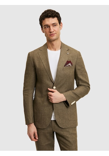 Cacharel Haki Slim Fit %100 Keten Mikro Desen Mono Yaka Ceket Yesıl