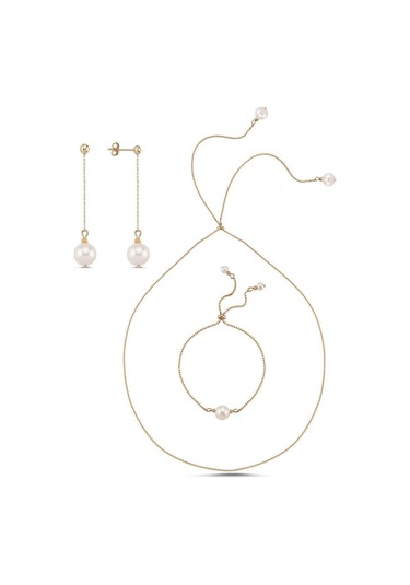 Kadın Zincirli Asansör Model Doğal İnci Küpe Kolye Bileklik Üçlü Set Rose Gümüş