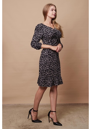 Kadın Hafif Likralı Yumuşak Dokulu Kumaş V Yaka Önü Düğümlü Eteği Volanlı Uzun Kol Diz Boy Elbise-siyah Bej Konfeti Konfeti